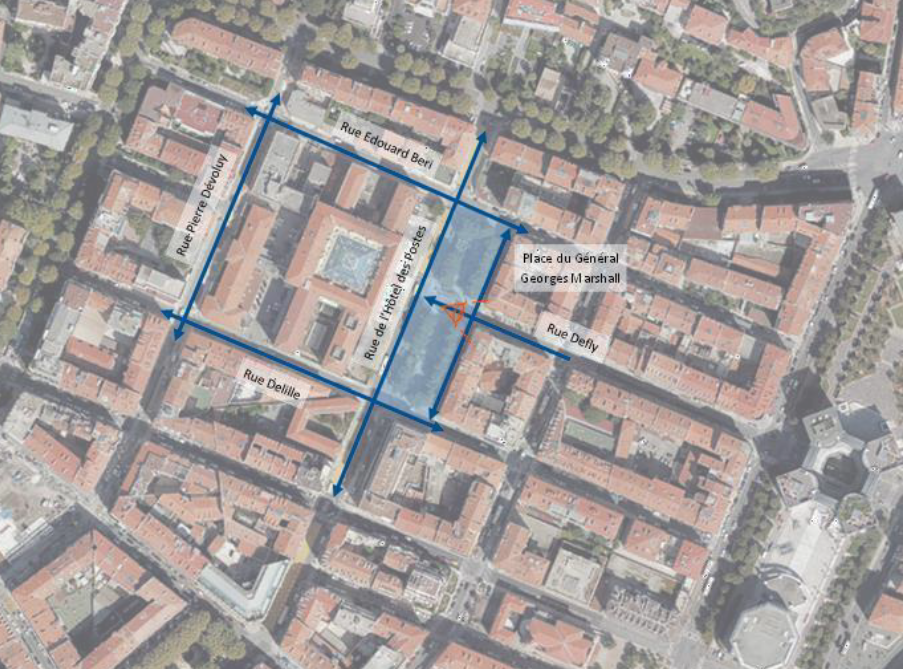Périmètre d'intervention pour la requalification des abords de l'Hotel des Polices
